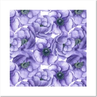 Violet anemone flowers watercolor pattern Posters and Art